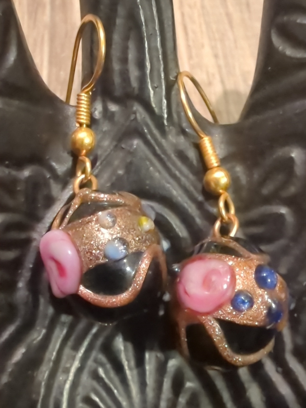 Artisan Wedding Cake Pink Blue Glass Bead Drop Earrings